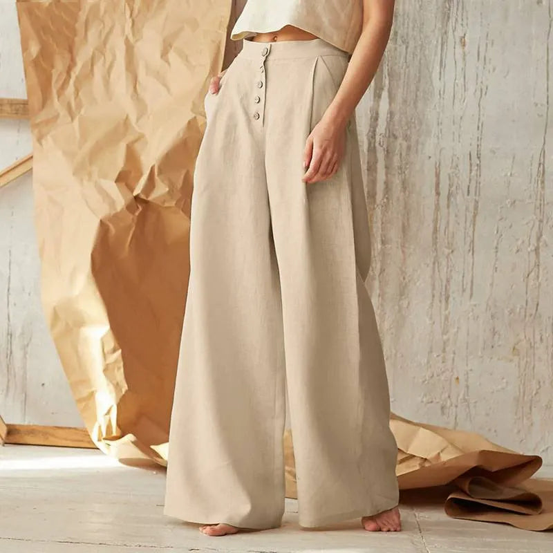Summer Dress Wide Leg High Waisted Button Closure Linen Look