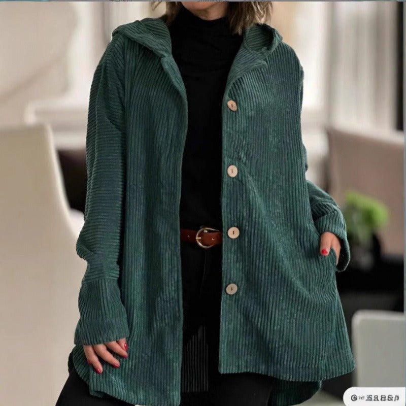 Classic Corduroy Dress Casual Hood Buttons Knee-length