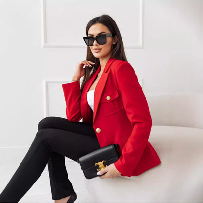 Women's Double-Breasted Long Sleeve Wool Blend Blazer Elegant