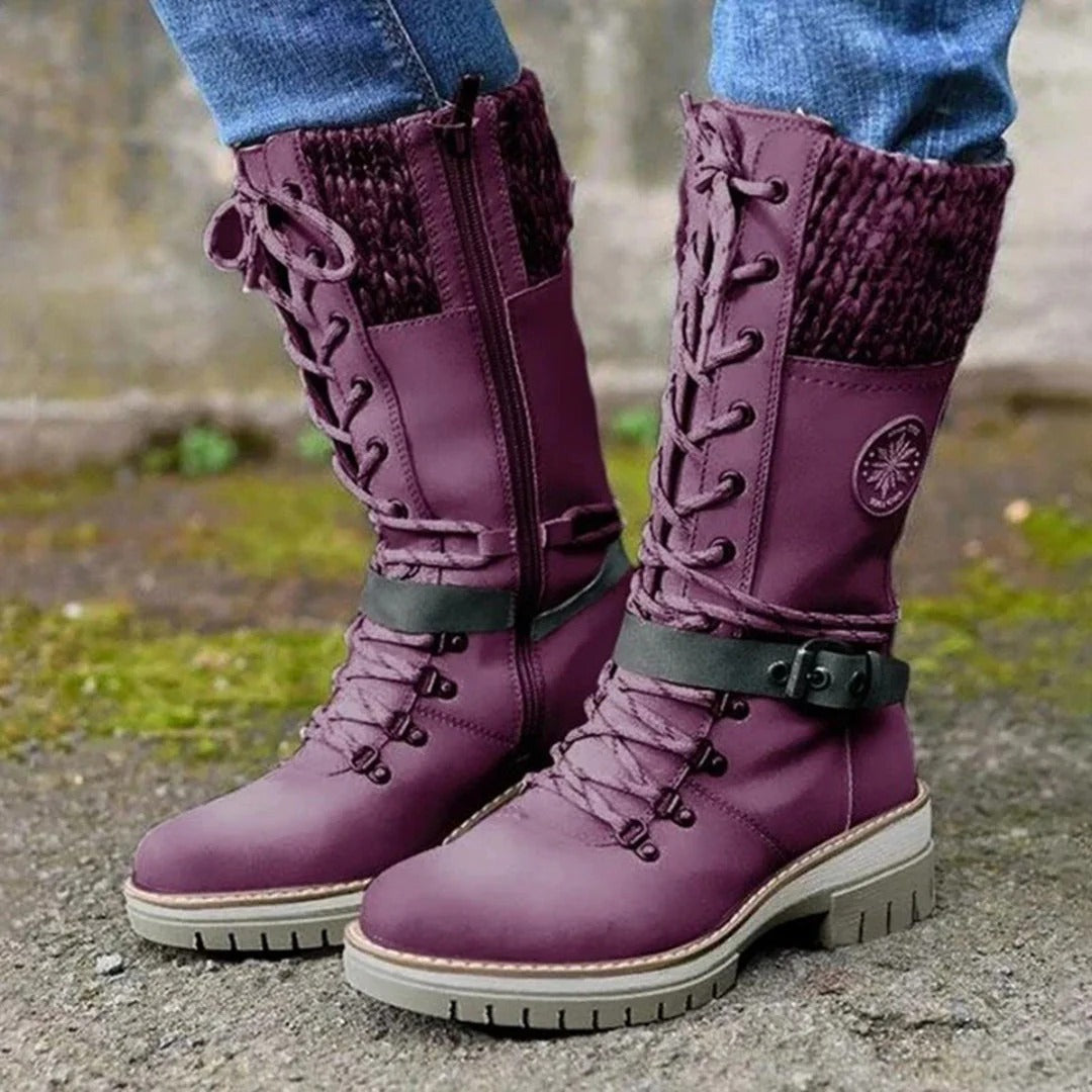 Knee-High Boots Women Lacing Wool Cuff