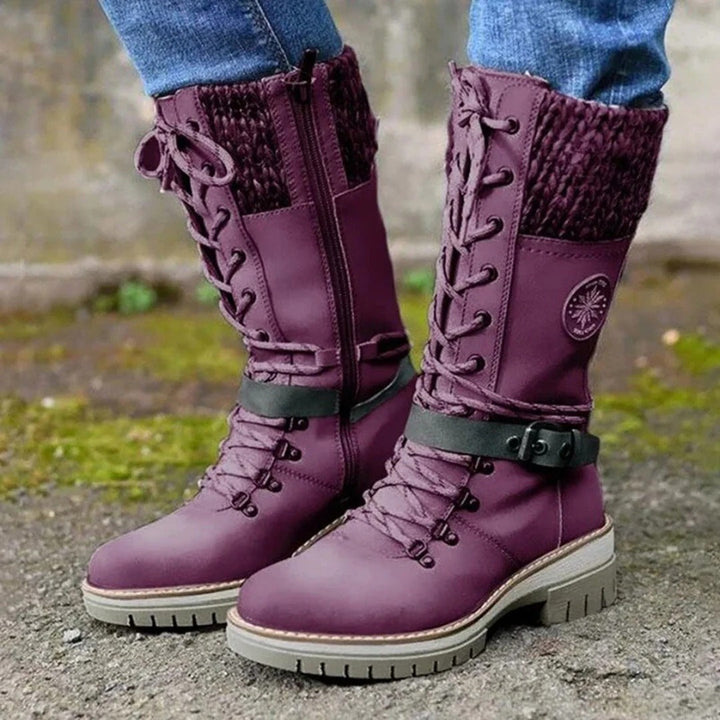 Knee-High Boots Women Lacing Wool Cuff