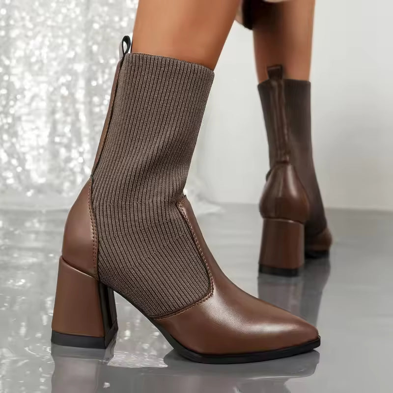 Women's Ankle Boots Lace Knit Look Block Heel