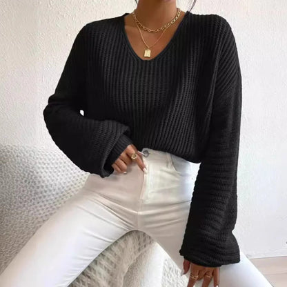 Elegant Women's Clothing | Comfortable Rib-Knit V-Neck Long-Sleeve Blouse