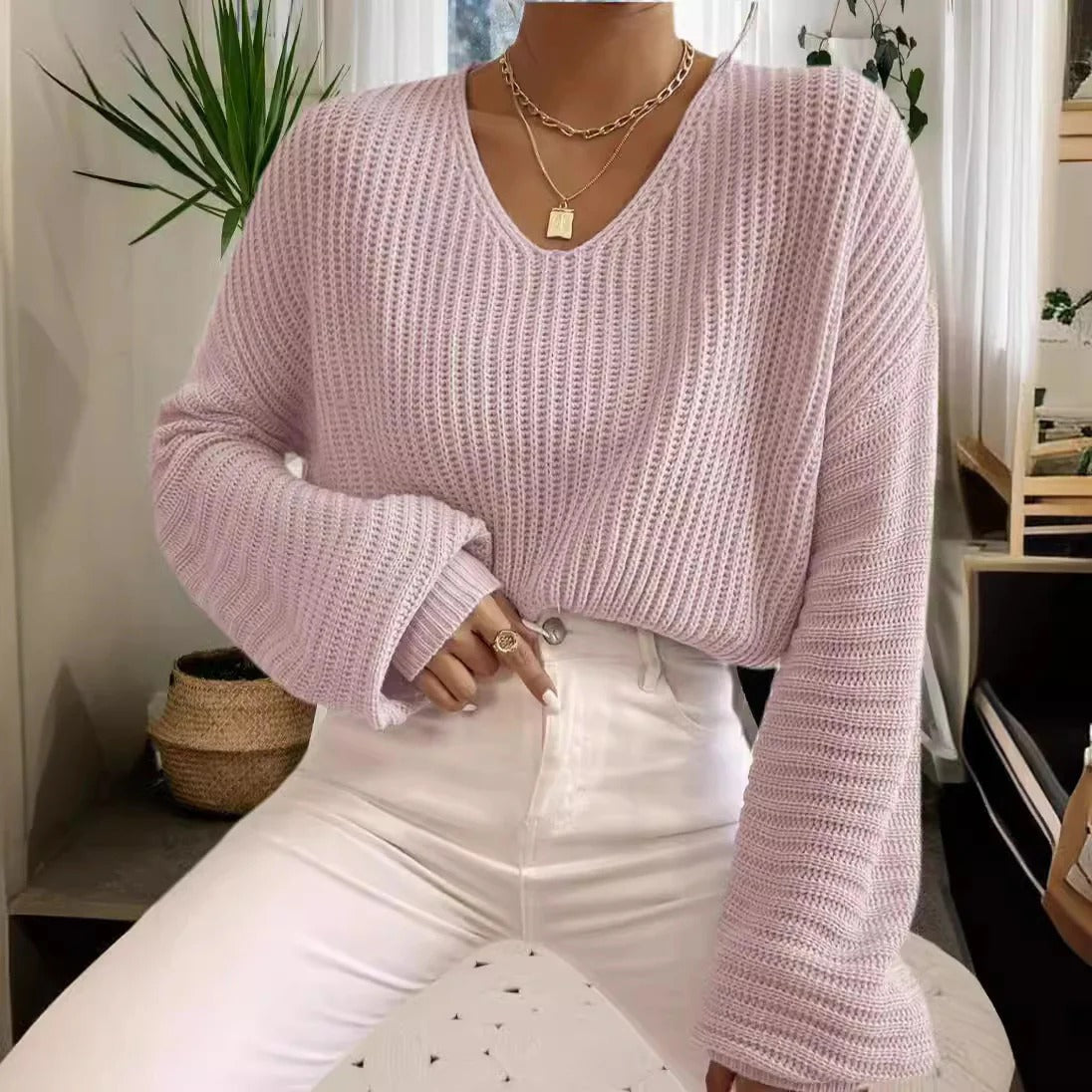 Elegant Women's Clothing | Comfortable Rib-Knit V-Neck Long-Sleeve Blouse