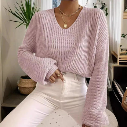 Elegant Women's Clothing | Comfortable Rib-Knit V-Neck Long-Sleeve Blouse