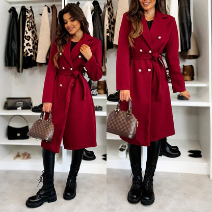 Women's Double-Breasted Belted Tailored Wool Coat