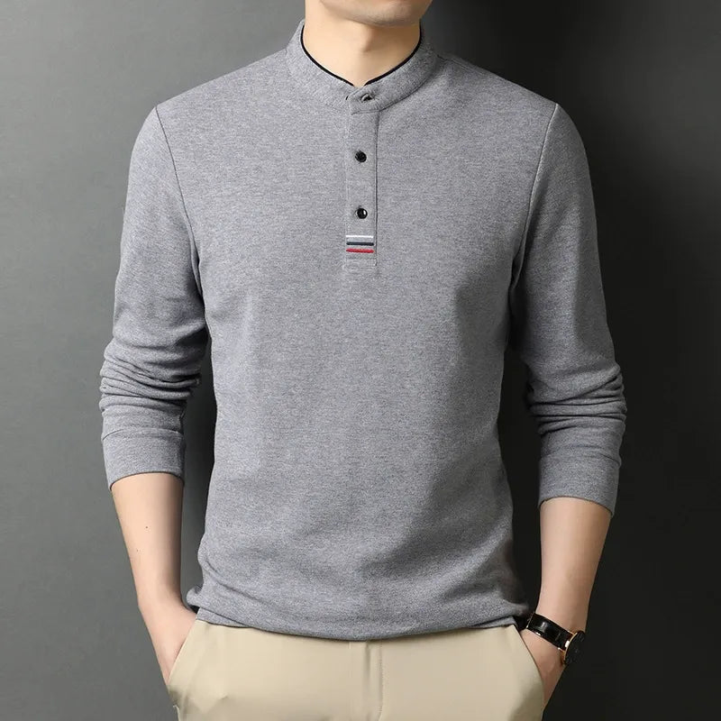 Long-sleeve cotton T-shirt with stand-up collar