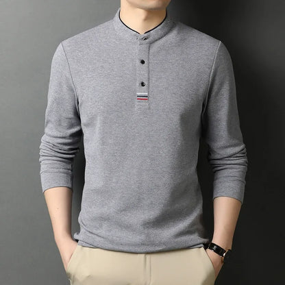 Long-sleeve cotton T-shirt with stand-up collar