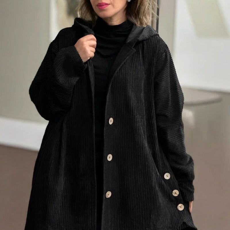 Classic Corduroy Dress Casual Hood Buttons Knee-length