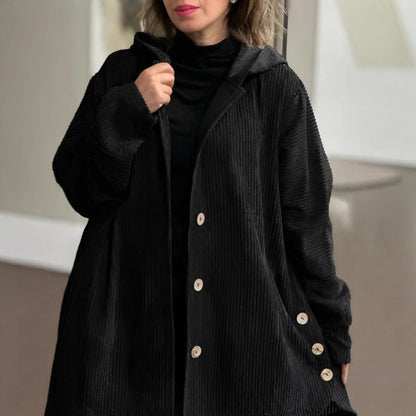 Classic Corduroy Dress Casual Hood Buttons Knee-length