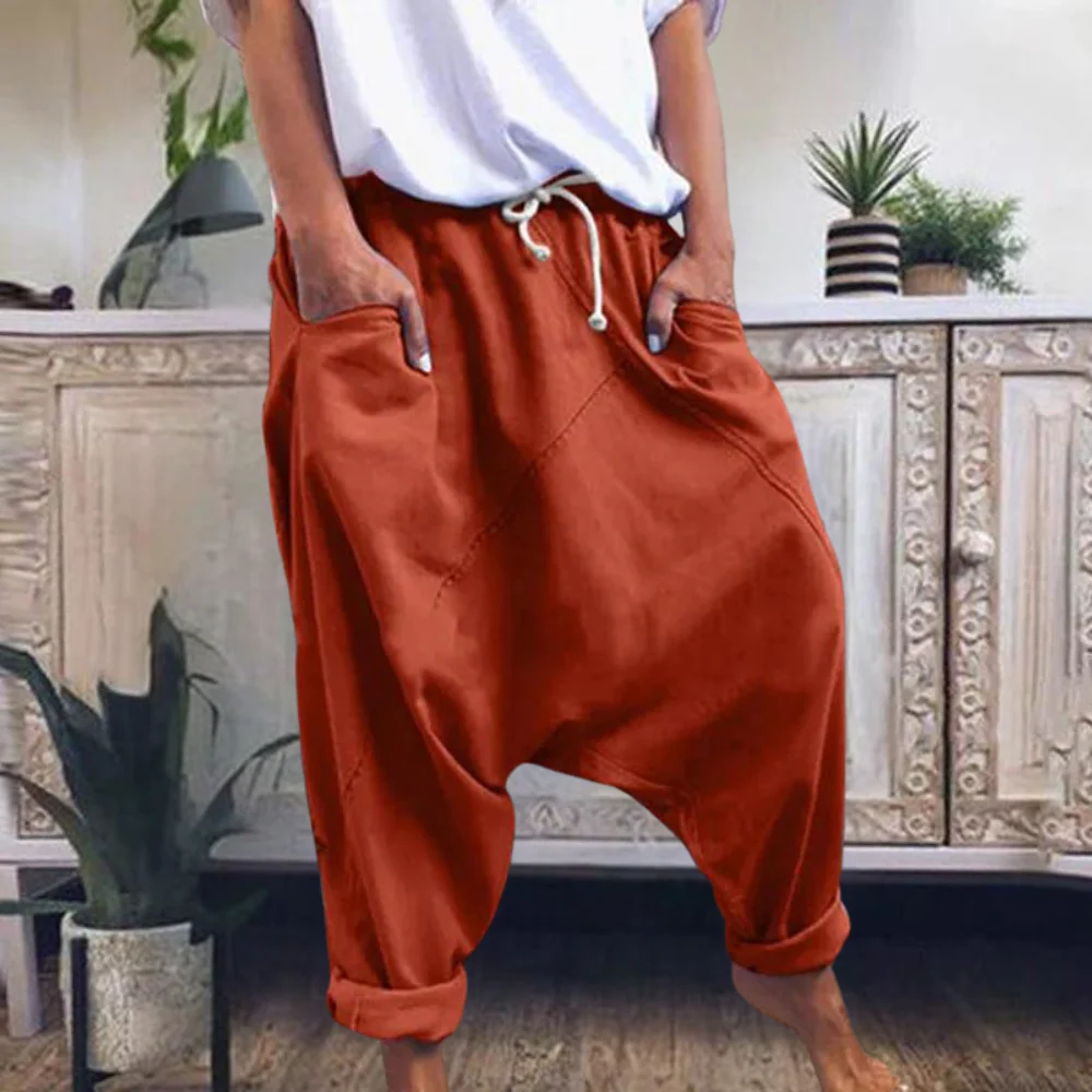 Women's Harem Trousers Comfort Fit Rolled-Up Legs Cotton
