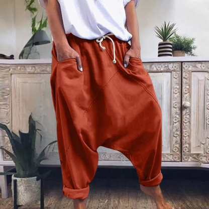 Women's Harem Trousers Comfort Fit Rolled-Up Legs Cotton