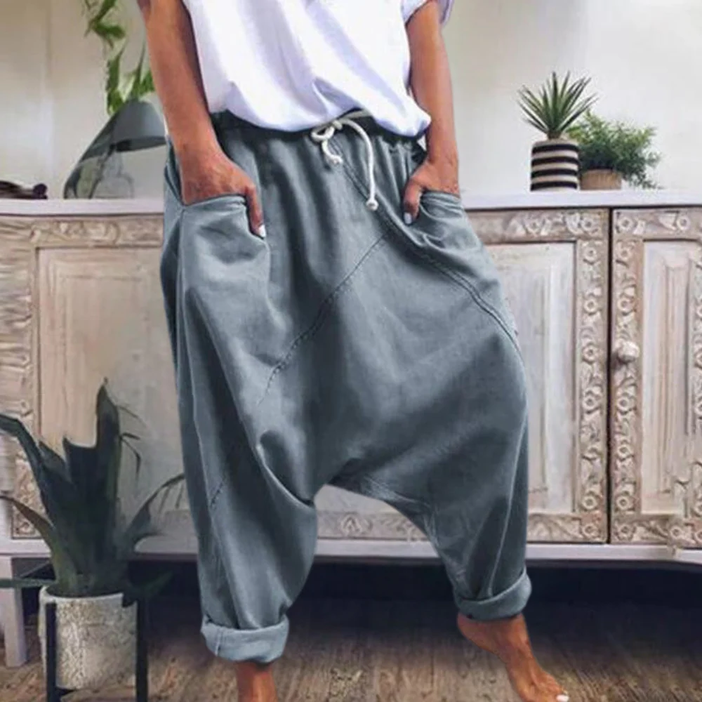 Women's Harem Trousers Comfort Fit Rolled-Up Legs Cotton