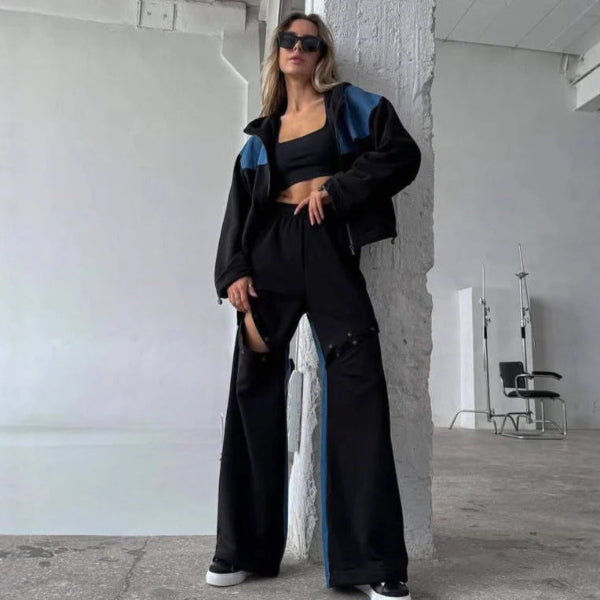 Cozy Lounge Set: Short Hoodie Dress and Wide-Leg Trousers