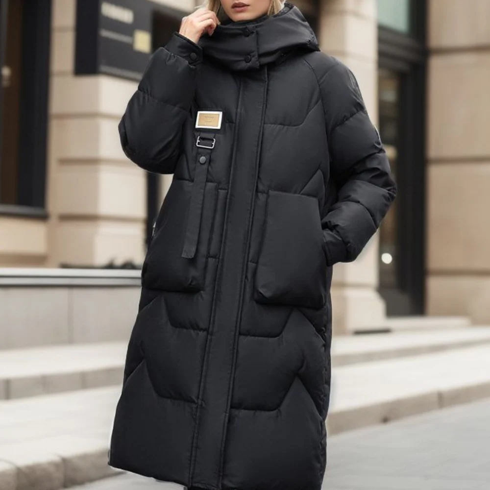 Oversized Steppjacke Lang Mit Kapuze Warm Isoliert - IdealeKleiden