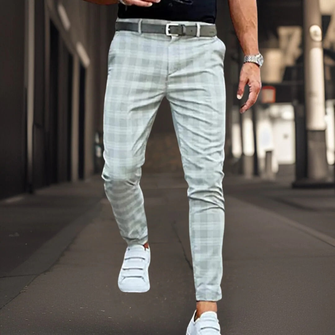 Chino Trousers Slim Fit Plaid Pattern Elegant