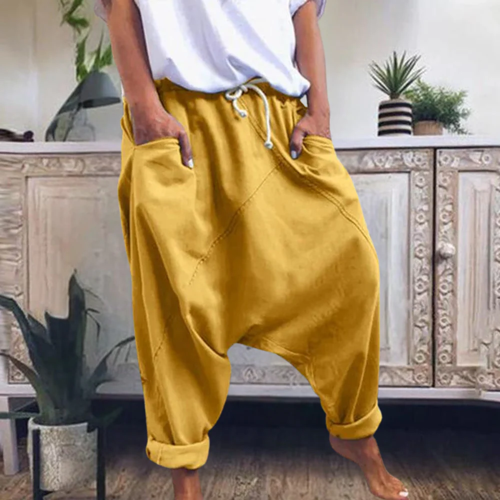 Women's Harem Trousers Comfort Fit Rolled-Up Legs Cotton