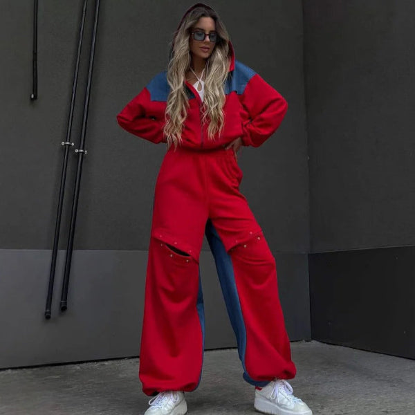 Cozy Lounge Set: Short Hoodie Dress and Wide-Leg Trousers