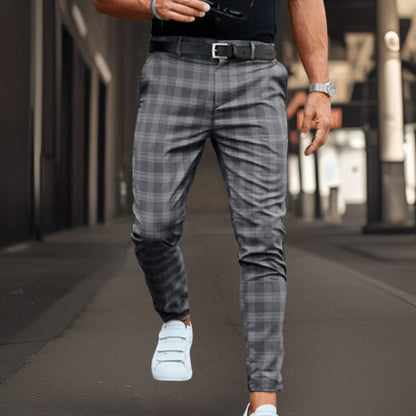 Chino Trousers Slim Fit Plaid Pattern Elegant