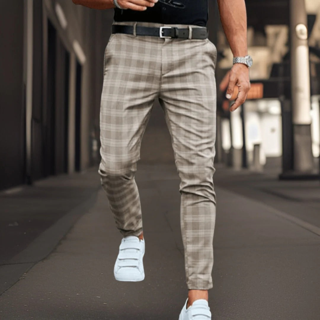 Chino Trousers Slim Fit Plaid Pattern Elegant