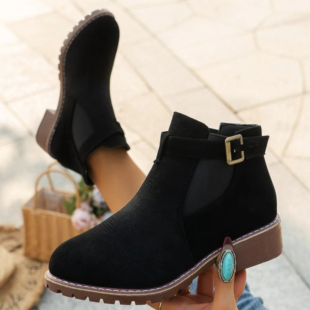Women's Suede Ankle Boots Buckles Block Heel