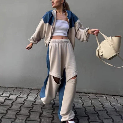 Cozy Lounge Set: Short Hoodie Dress and Wide-Leg Trousers