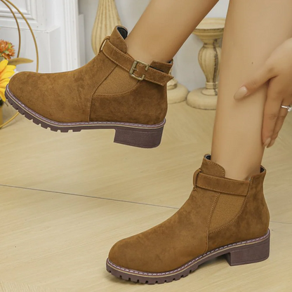 Women's Suede Ankle Boots Buckles Block Heel