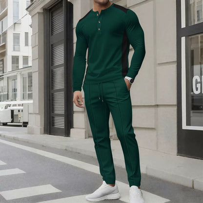 Men's Outfit: Slim Fit Henley Sweater & Trousers