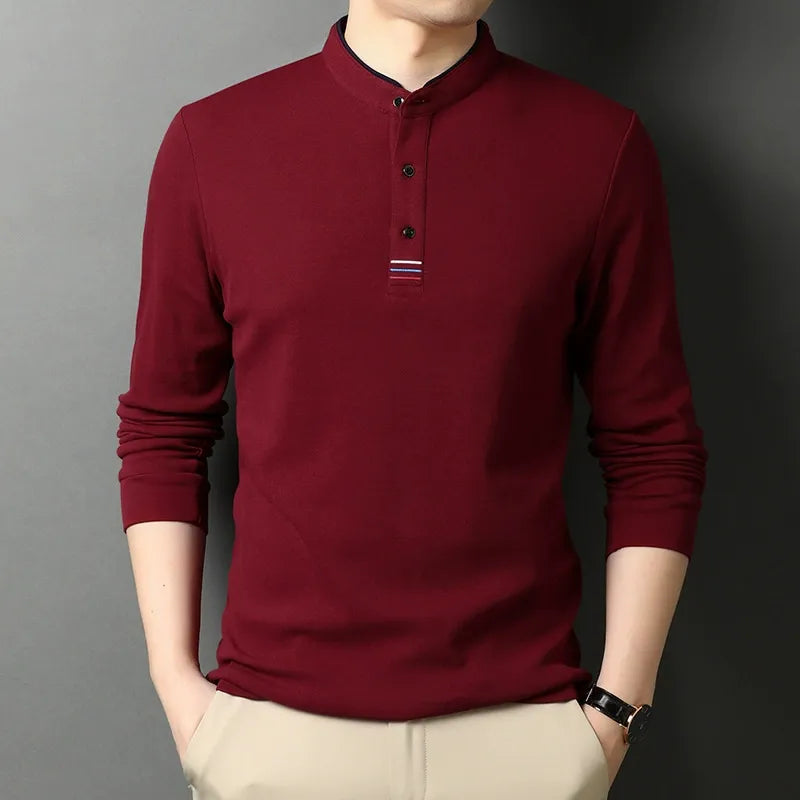 Long-sleeve cotton T-shirt with stand-up collar