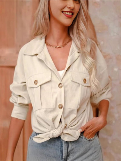 Wide Corduroy Dress Long Sleeve Button Closure Hip-length