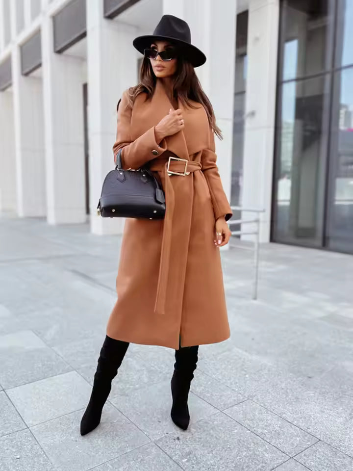 Elegant Women's Long Coat with Belt and Buttons