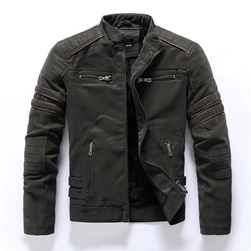 Leather Jacket Slim Fit Quilted Shoulders Zipper