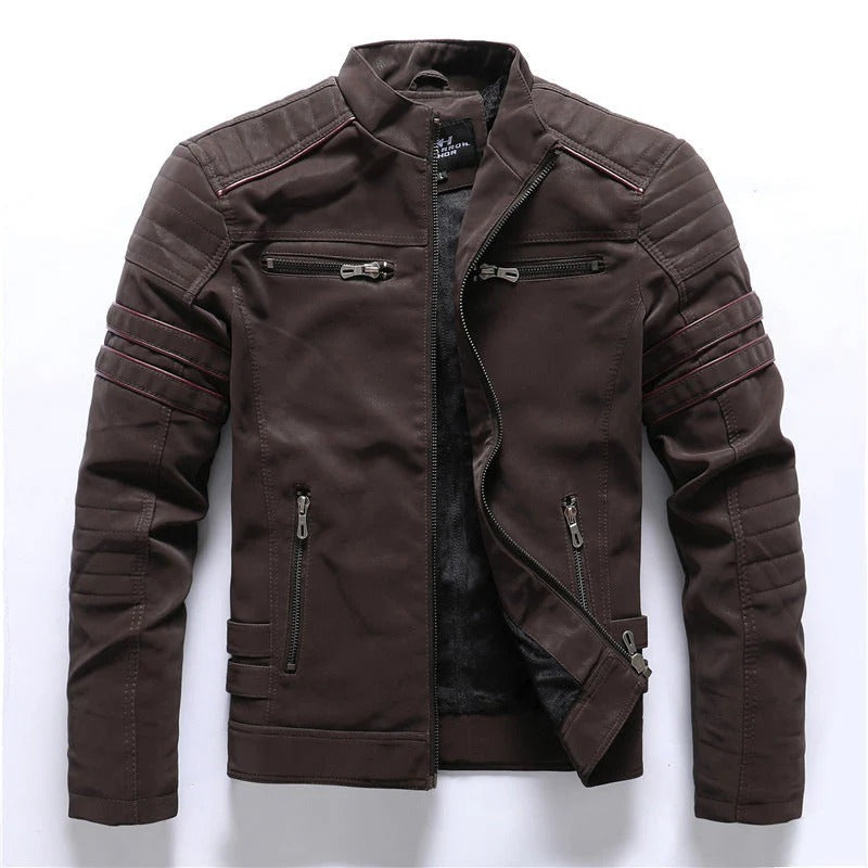 Lederjacke Slim Fit Gesteppte Schultern Reißverschluss - IdealeKleiden