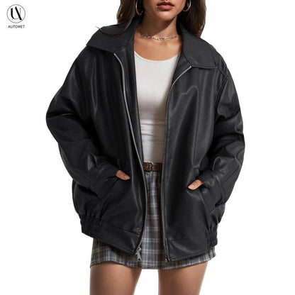 Women's Elegant Leather Bomber Jacket