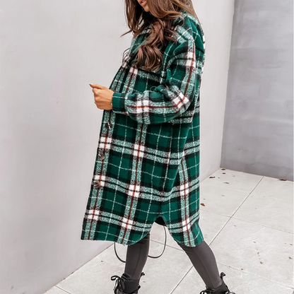 Long Wool Coat Plaid Casual