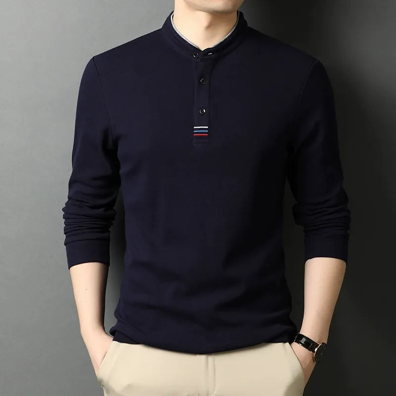 Long-sleeve cotton T-shirt with stand-up collar