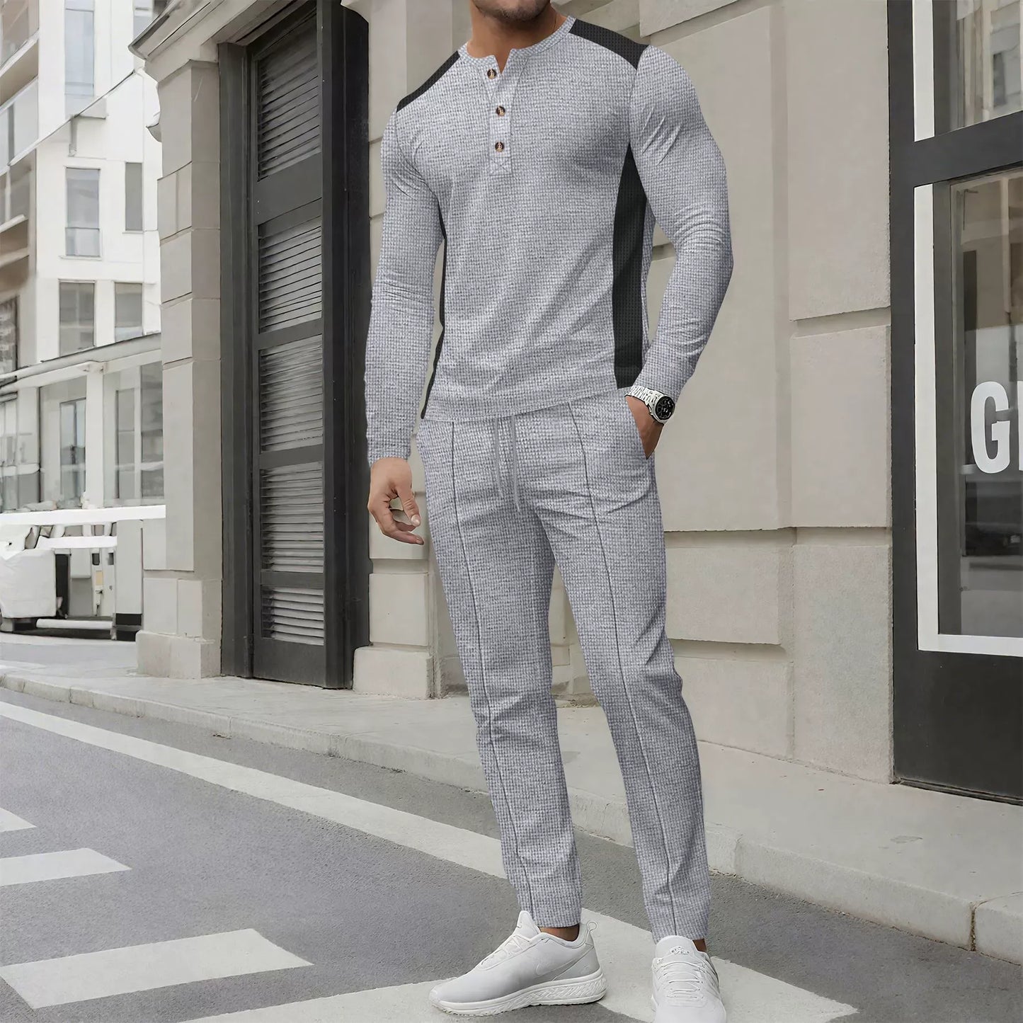 Men's Outfit: Slim Fit Henley Sweater & Trousers