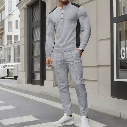 Men's Outfit: Slim Fit Henley Sweater & Trousers