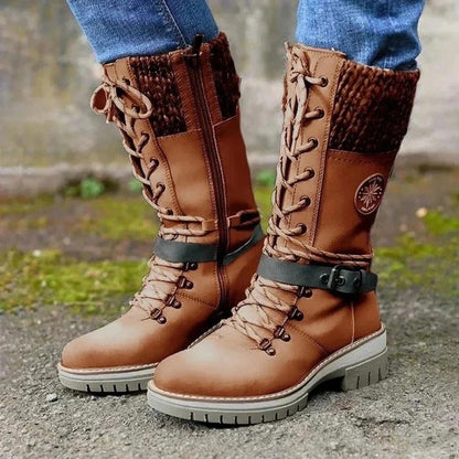 Knee-High Boots Women Lacing Wool Cuff
