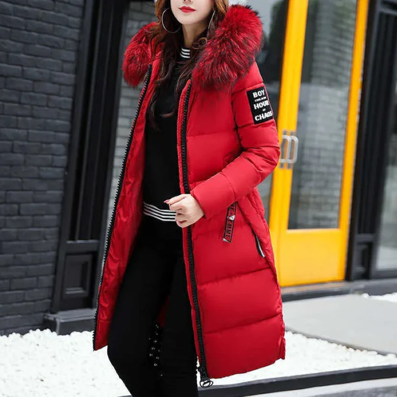 Long Women's Coat with Fur Collar Luxury Design