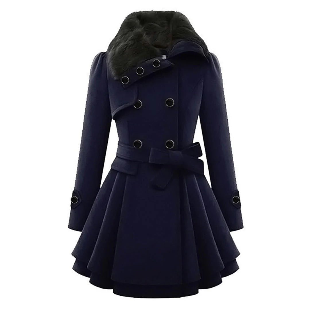 Elegant Dress | Fitted A-line Double-breasted Faux Fur Collar Tie Belt