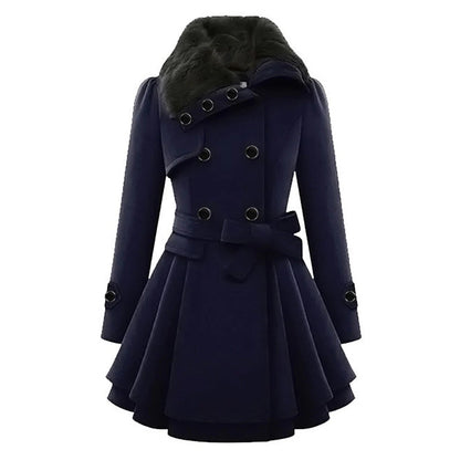 Elegant Dress | Fitted A-line Double-breasted Faux Fur Collar Tie Belt