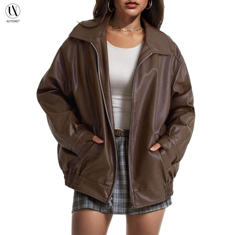 Women's Elegant Leather Bomber Jacket