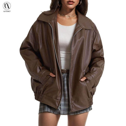 Women's Elegant Leather Bomber Jacket