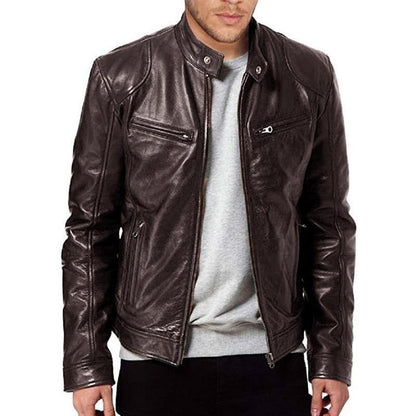 Biker Leather Jacket Slim Fit Zipper Pockets