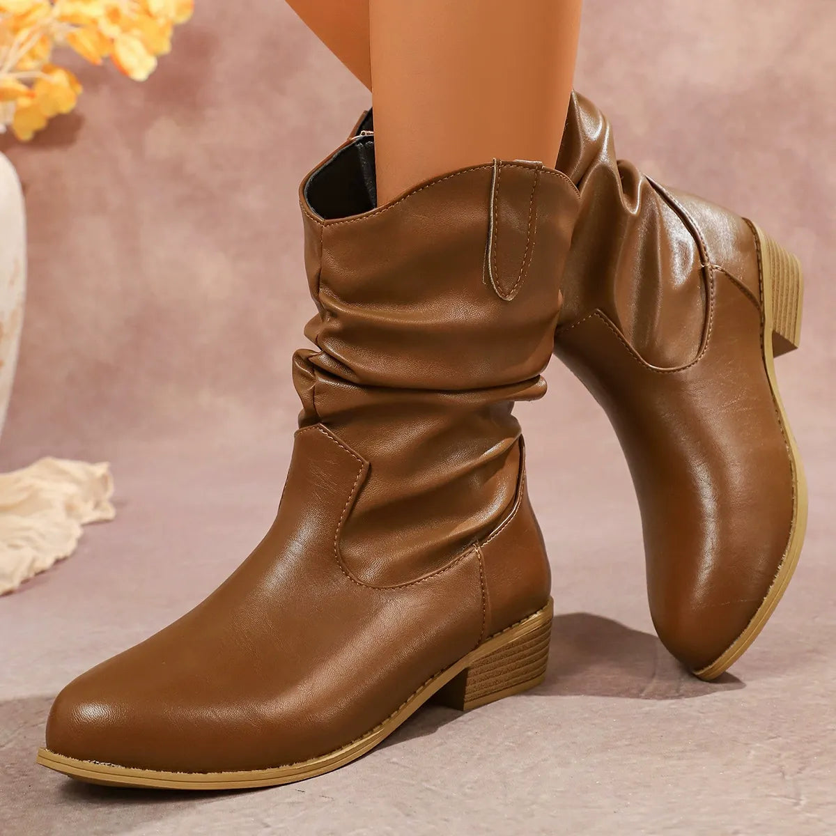 Stilvolle Stiefeletten Runder Zehenbereich Hoher Absatz - IdealeKleiden