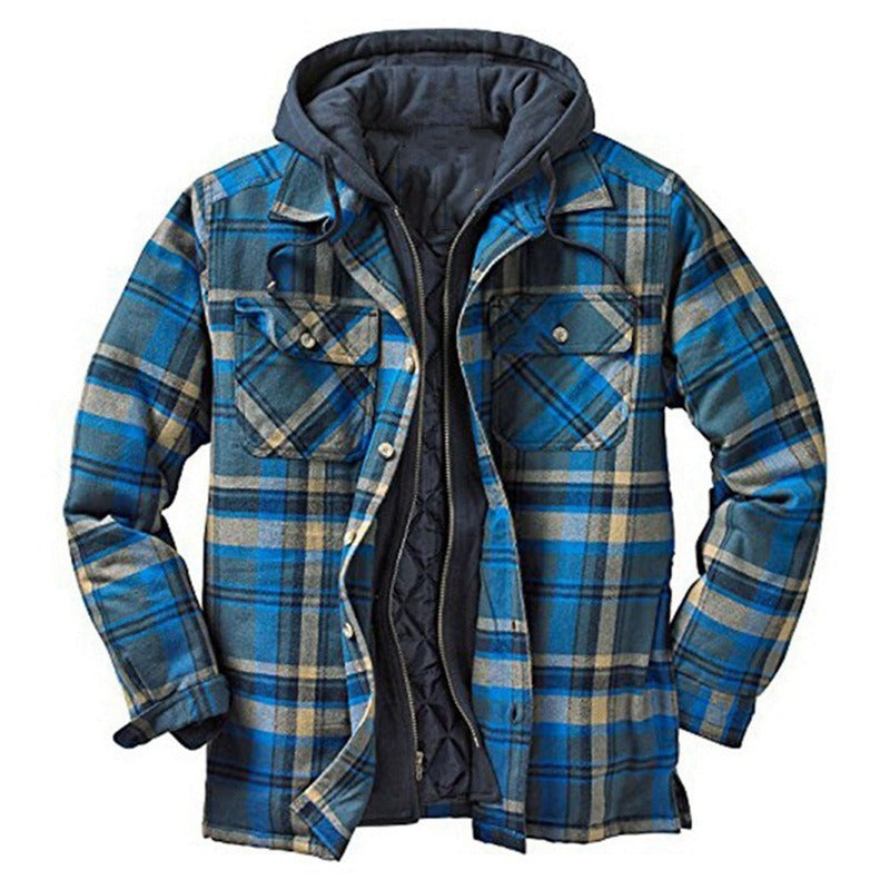 Casual Shirt Jacket Hood Flannel Plaid Pattern