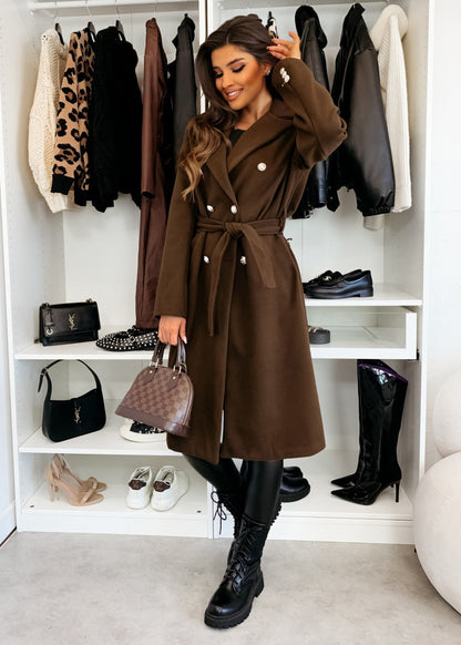Women's Double-Breasted Belted Tailored Wool Coat