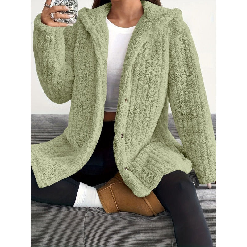 Oversized Teddy Jacket Soft Hood Button Closure