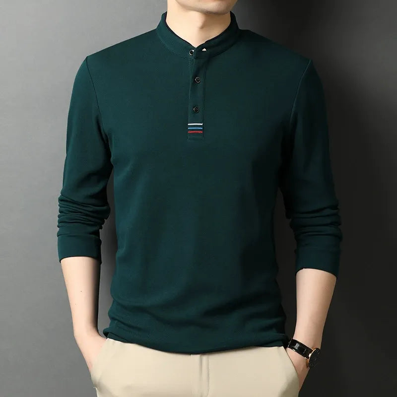 Long-sleeve cotton T-shirt with stand-up collar